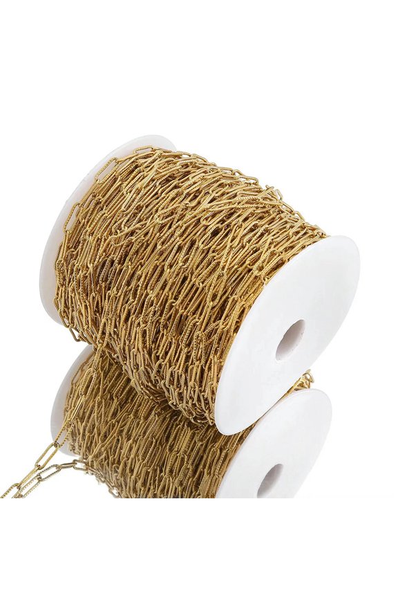 10M Stainless Steel Gold Plated Texture Paperclip Chains for DIY Necklace Making