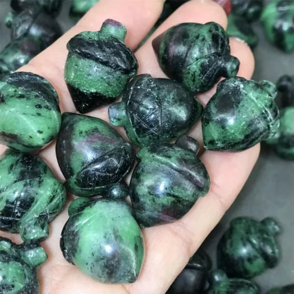 GKNET 10PCS Natural Stone Mixed Quartz Hand Carved Pine Nuts Crystal Healing 25mm-Ruby In Fuchsite Stone