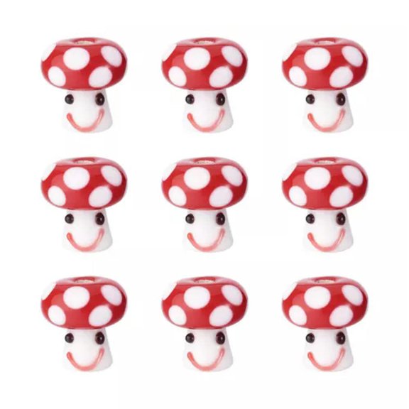 GKNET 10Pcs 13x13mm Mushroom Bead Smiling Face Lampwork Spacer Loose Bead-Dark Red