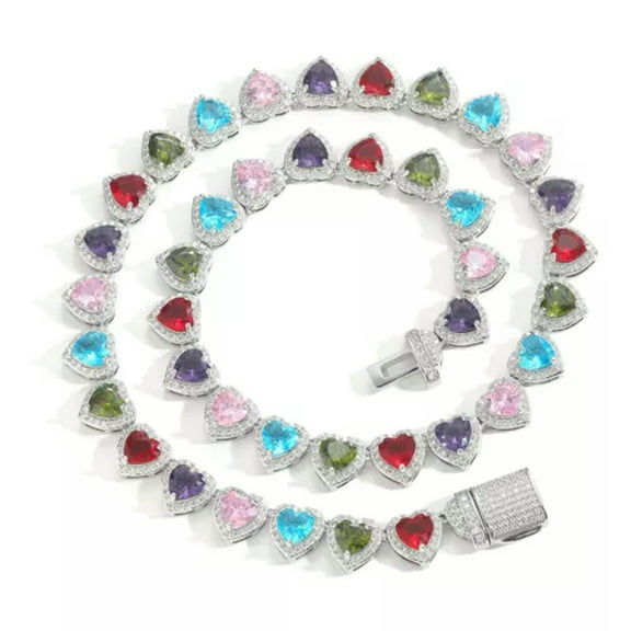 GKNET 10mm Colorful Heart Shape Tennis Chain Necklace Women Men Hip Hop Rap Jewelry-20 in