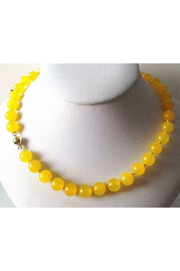10mm Yellow Jade round Beads Necklace 18"