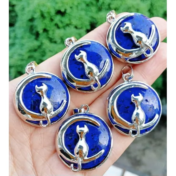 GKNET 10pcs Lapis Lazuli Stone Kitty Cat Moon Pendants Reiki Healing Amulet Wholesale