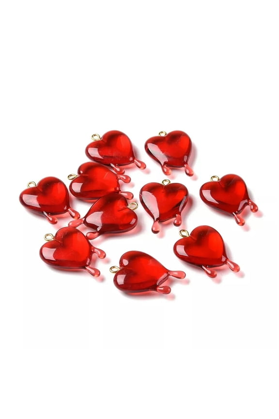 10pcs Melting Red Heart Pendants Crystal Resin Love Heart Charms 30.5x2mm