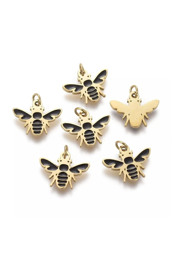 10pcs Stainless Steel Enamel Charms Bee Shape Black & Golden 8.5x11x0.8mm