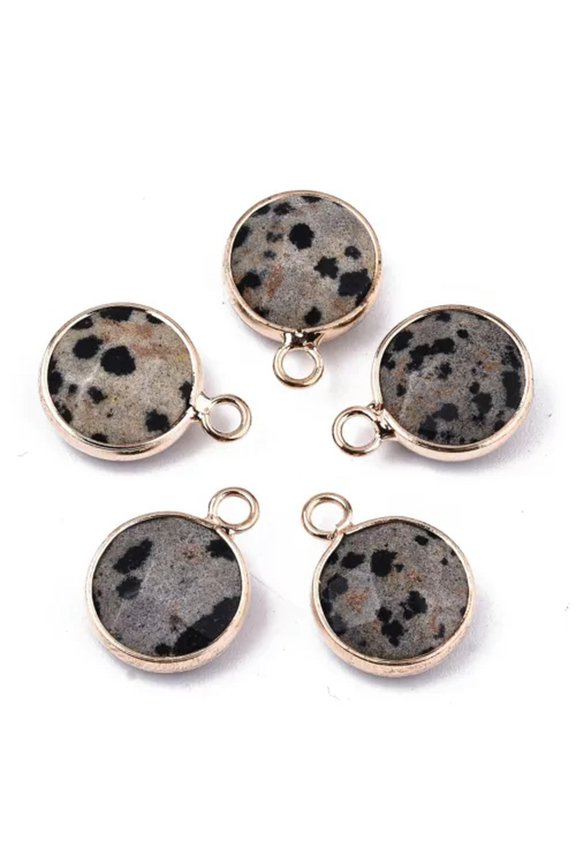 10x Gemstone Pendants Round Flat Round Stone Charms 18x13.5x6mm Light Gold Tone-Dalmatian Jasper