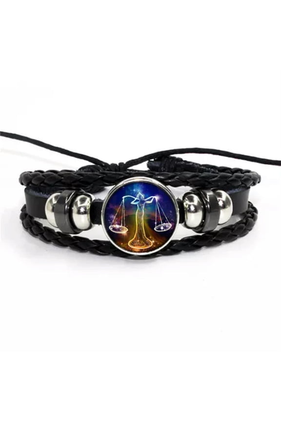 12 Constellation Zodiac Sign Braided Leather Bracelet Woven Glass Dome Brace WY4-Libra