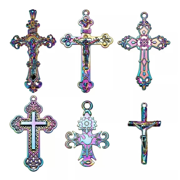 GKNET 12Pcs Alloy Rainbow Cross Filigree Charms Multi-Color Crucifix Religious Pendant