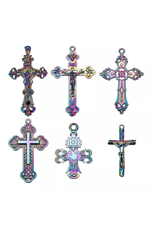 12Pcs Alloy Rainbow Cross Filigree Charms Multi-Color Crucifix Religious Pendant