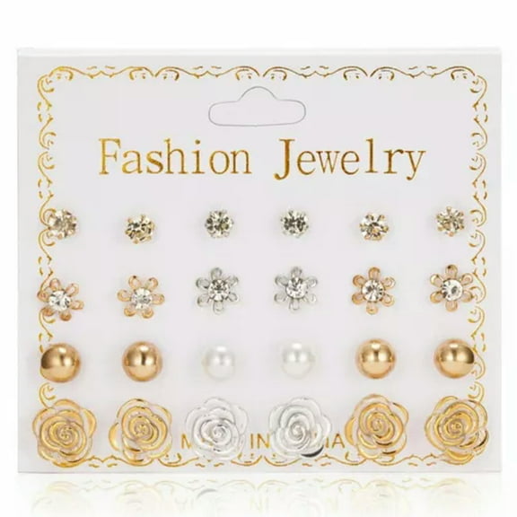 GKNET 12pair/Set Square Crystal Zircon Heart Pearl Earrings Set Women Ear Stud Jewelry-Flower Ball