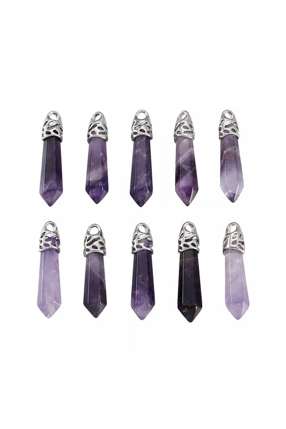 12pcs Natural Amethyst Pointed Pendants Bullet Gemstone Dangle Charms 33~40mm