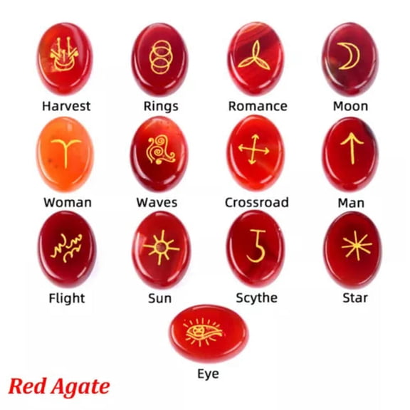 GKNET 13PCS Crystal Witches Runes Stone Set Engraved Rune Symbol Meditation Divination-Red Agate