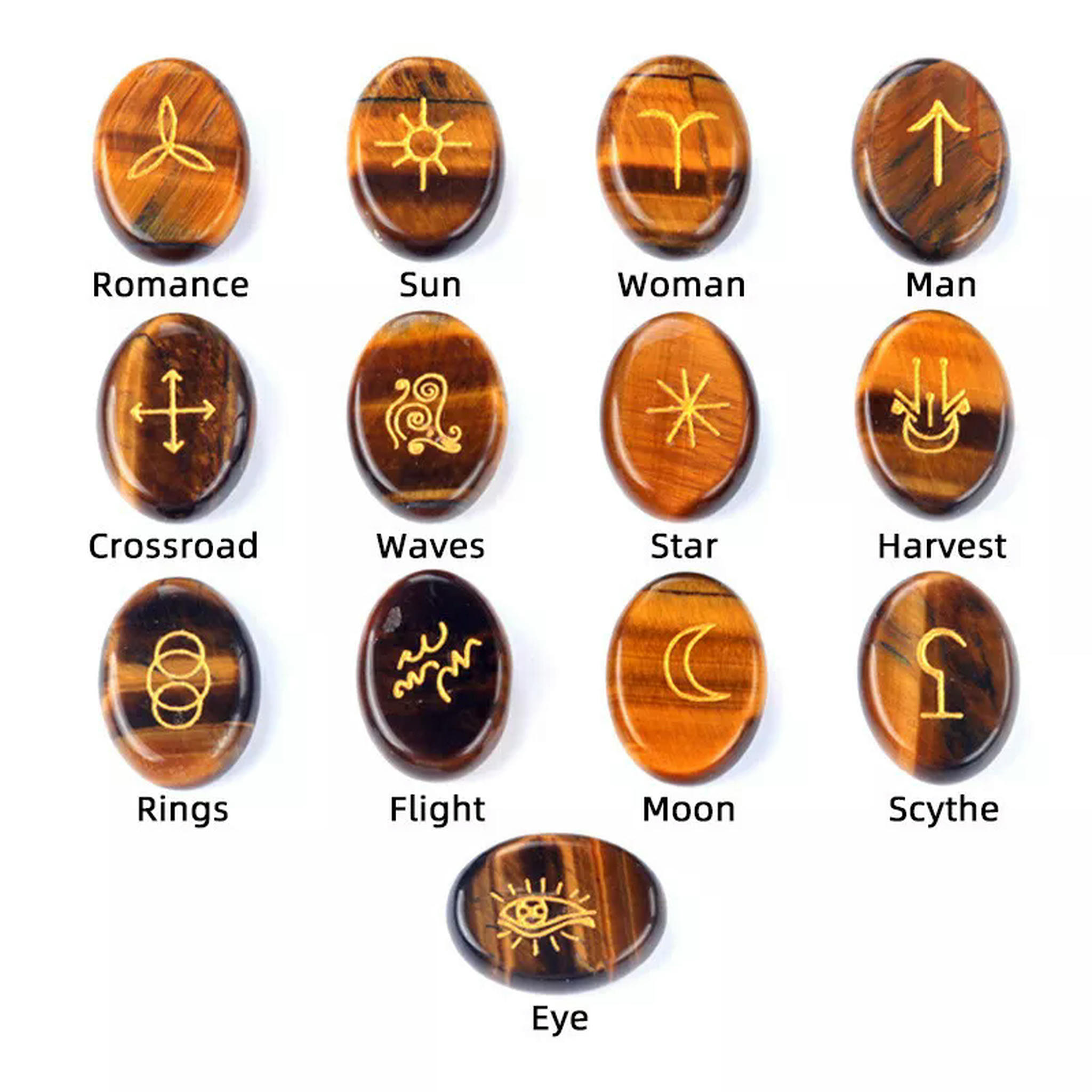 Eye Runes GKNET 13pcs Tiger Eye Stone Rune Stones Oval Set Elder Futhark Reiki ...