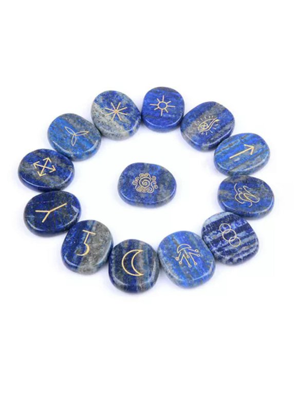 13PCS Engraved Gypsy Symbols Witch Runes Crystal Stone Kit For Yoga Meditation-Lapis Lazuli