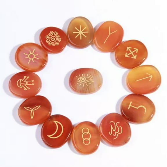 GKNET 13PCS Engraved Gypsy Symbols Witch Runes Crystal Stone Kit For Yoga Meditation-Red Agate