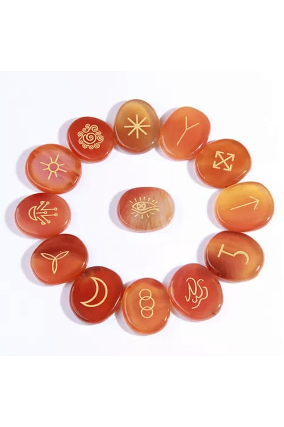 13PCS Engraved Gypsy Symbols Witch Runes Crystal Stone Kit For Yoga Meditation-Red Agate