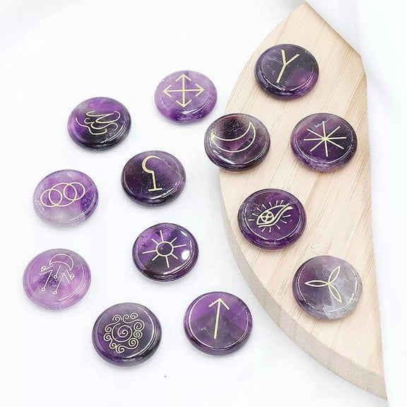 GKNET 13pcs Natural Amethyst Stone Rune Set Symbols Gemstone Healing Crystal Runes