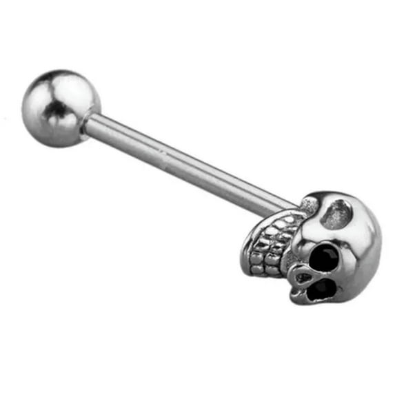 GKNET 14G Stainless Steel CZ Gem Skull Silvery Tongue Barbell Ring Bar Body Pierci-Black
