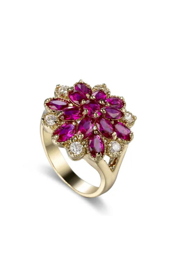 18K Gold Plated Flower Rings Women Rose Red Zircon Crystal Wedding Rings Jewelry-10#