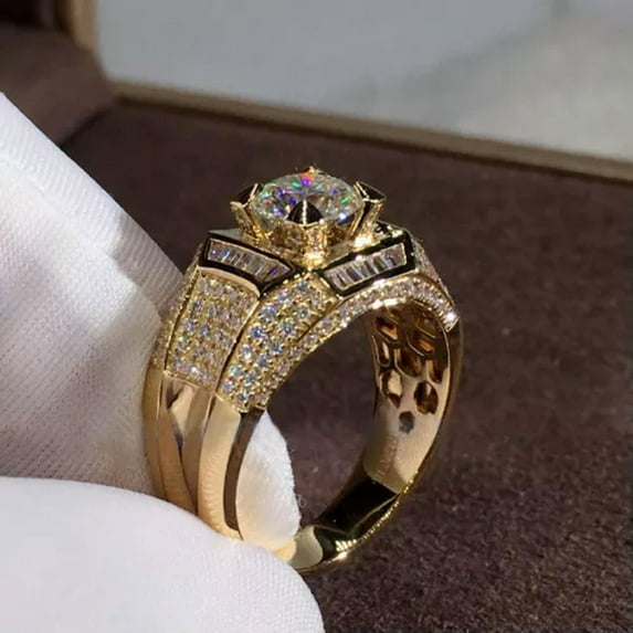 GKNET 18K Gold Plated Shiny Crystal Zircon Rings Men's Wedding Fashion Rings Size 7-12-8