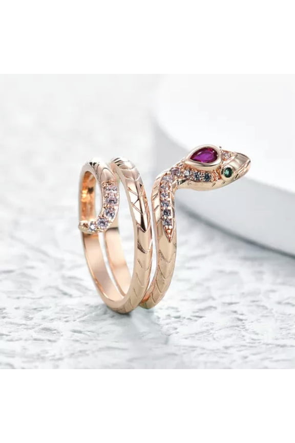 18K Rose Gold Plated Crystal Snake Rings Women Fashion Retro Rings Size 6-10-8#