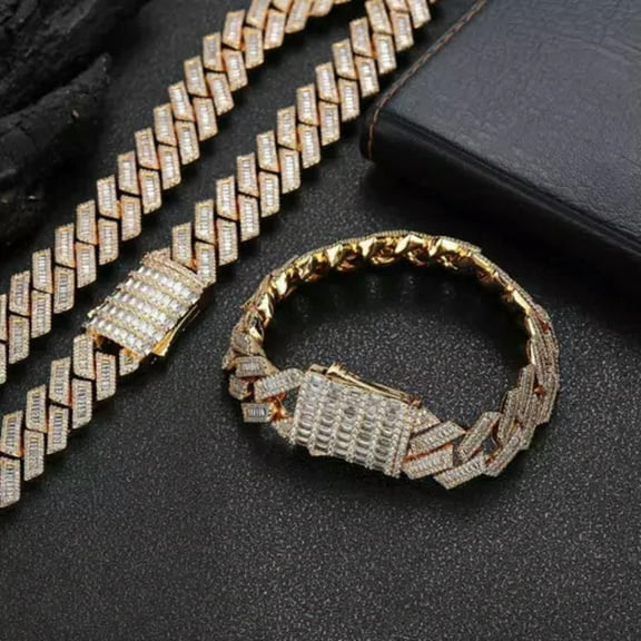GKNET 18mm Hip Hop T Zircon Rhombus Cuban Chain Necklace Bracelets Real Gold Plated-Gold-8 in Bracelet