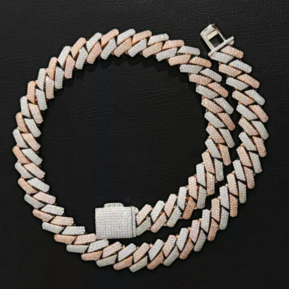 GKNET 18mm Hip Hop Tennis Cuban Chain Full White Zircon Rhombus Rose Gold Necklace-18inch