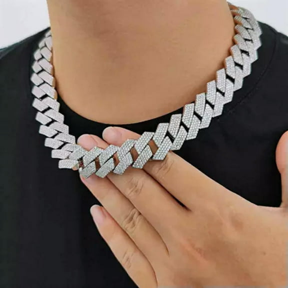 GKNET 19mm Hip Hop Four-row Zircon Rhomboid Cuban Chain Necklace Bracelet Gold Plated-24 in Necklace-Silver