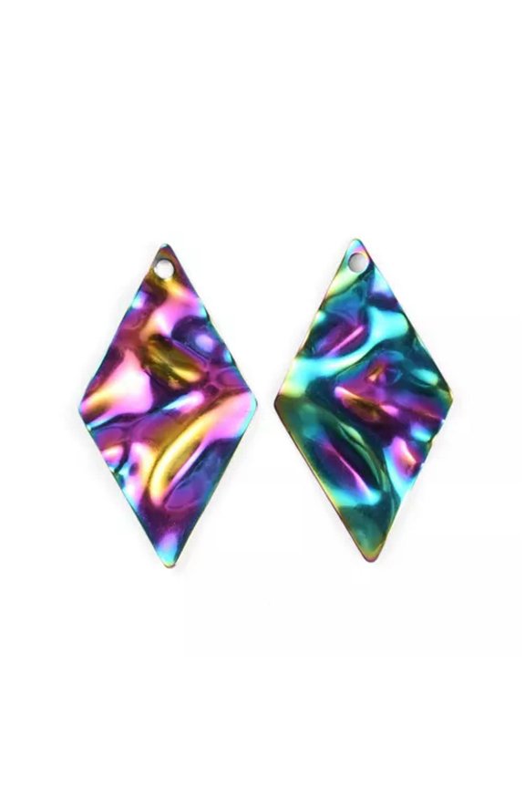 1Bag Stainless Steel Flat Round Triangle Heart Pendants Charms Rainbow Color-15Pcs,Rhombus,32.5x18x2mm, Hol...