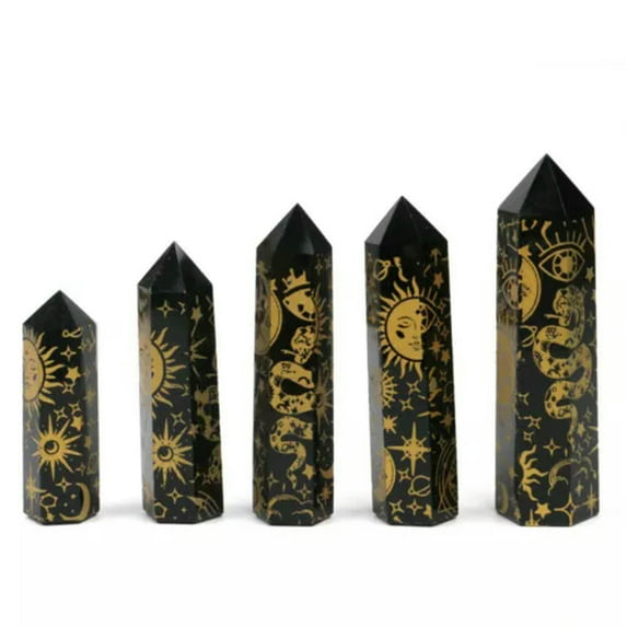 GKNET 1PC Nature Sun Moon Patterned Obsidian Crystal Healing Gemstone Obelisk Point-Gold-9-10cm