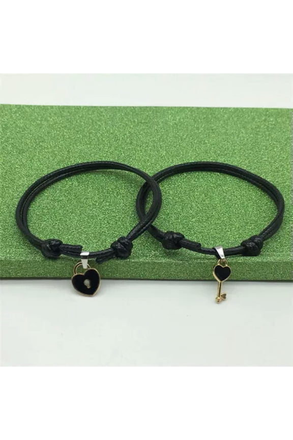 1Pair Key Love Lock Bracelets Handmade Black Strings Fashion Jewellery Gift-Black