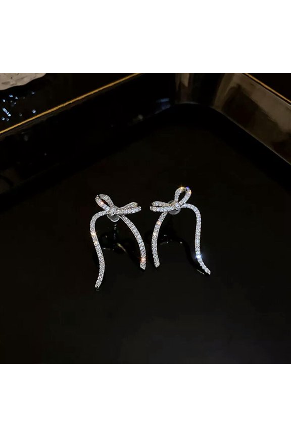 1Pair Light Luxury Full Rhinestone Bow Stud Earring Fashion Crystal Long Ear WY4