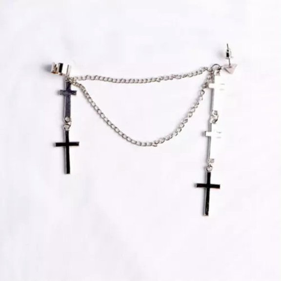 GKNET 1Pc Punk Cool Cross Earrings Clip Earrings Studs Tassel Chain Piercing Jewelry-Silver