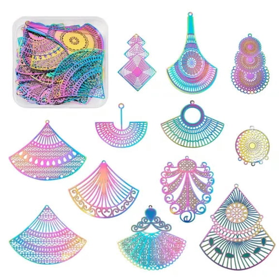 GKNET 1set Stainless Steel Filigree Charms Multi-Color Mixed Shape Dangle Pendants-Fan Shape (48pcs)