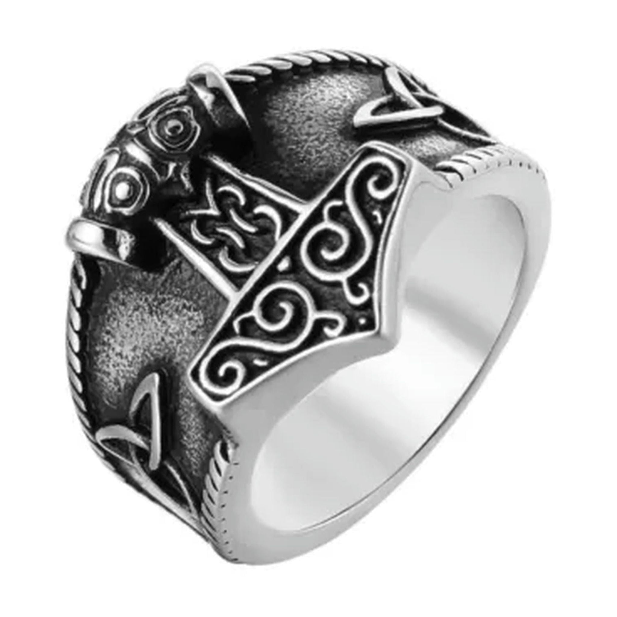 Men's Stainless Steel Viking Thors Hammer Mjolnir Ring - Adjustable Biker Band Size 7-15