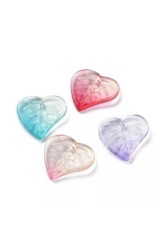 200pcs Glass Carved Leaf Beads Mixed with Glitter Gold Powder Paint Charms 15mm