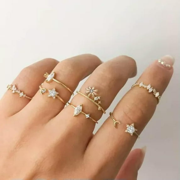 GKNET 2024 Fashion Charm Women Boho Retro Finger Knuckle Rings Set Party Delicate Jewelry Gift-7pcs Flower Star Moon