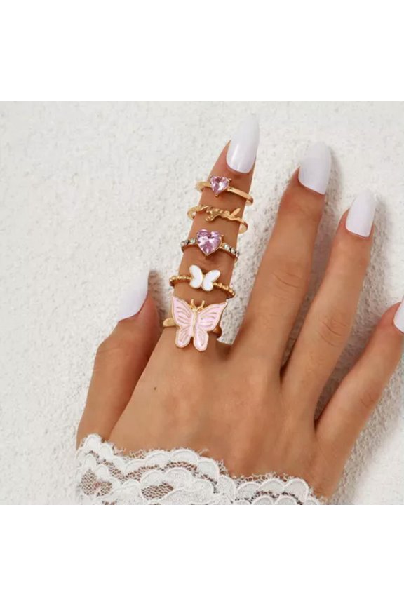 2024 Fashion Women Boho Retro Color Silver Finger Knuckle Rings Set Delicate Jewelry Gift-5Pcs Butterfly Heart