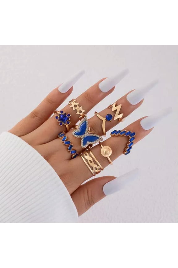 2024 Fashion Women Boho Retro Color Silver Finger Knuckle Rings Set Delicate Jewelry Gift-9pcs Blue Butterfly