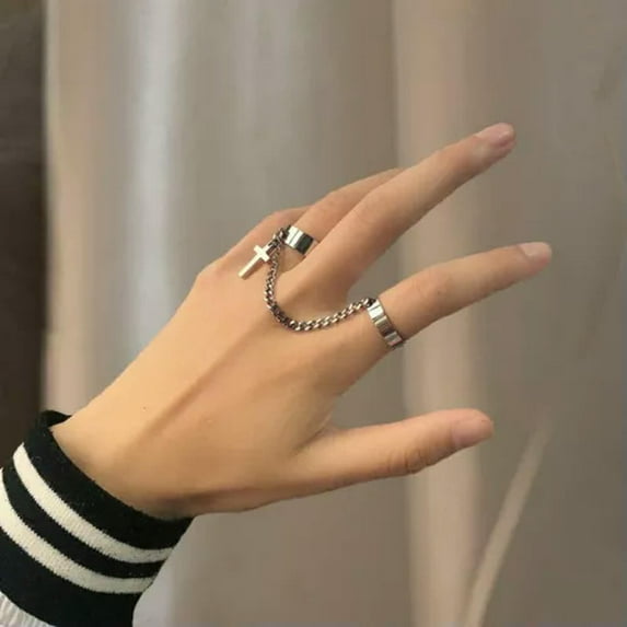 GKNET 2024 Fashion Women Boho Retro Color Silver Finger Knuckle Rings Set Delicate Jewelry Gift-Cross Chain