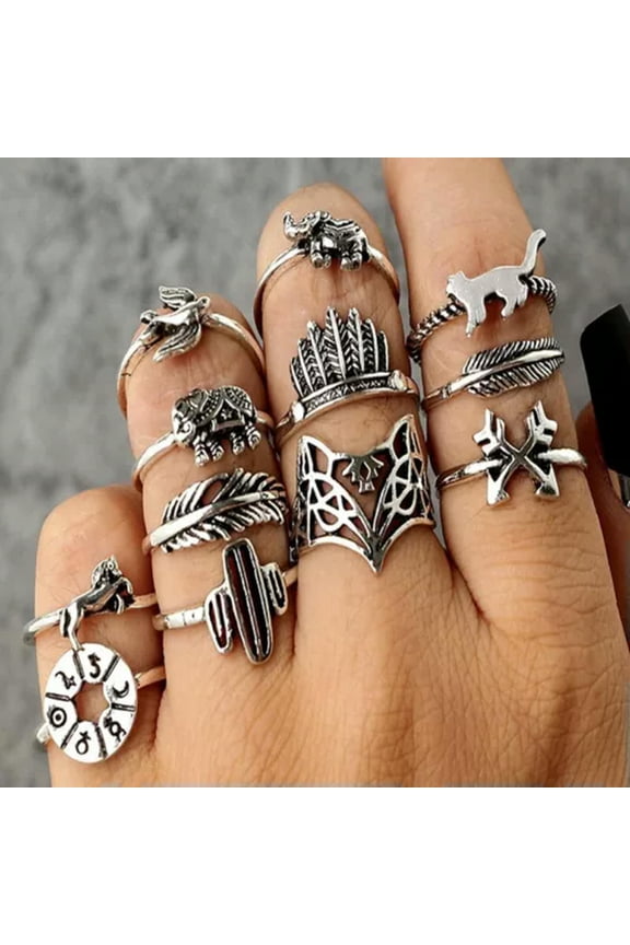 2024 Fashion Womens Boho Retro Finger Knuckle Rings Set Party Wedding Jewellery-31-12pcs Elephant Cat