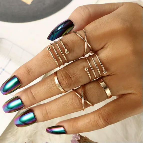 GKNET 2024 Fashion Women Boho Retro Color Silver Finger Knuckle Rings Set Delicate Jewelry Gift-6pcs Round