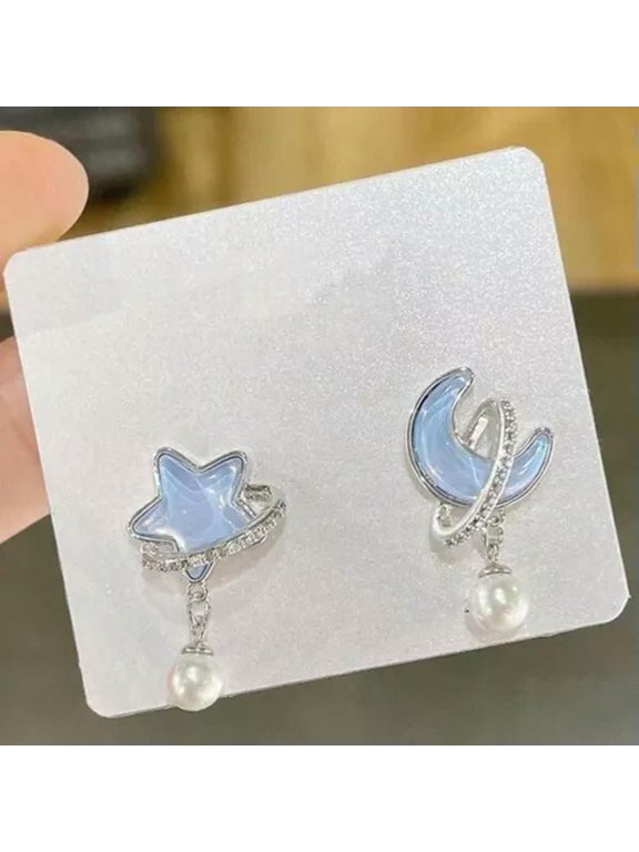 2024 Ins Sweet Blue Crystal Star Moon Ear Stud Earrings Delicate Jewelry Summer Women New-Moon Star#10