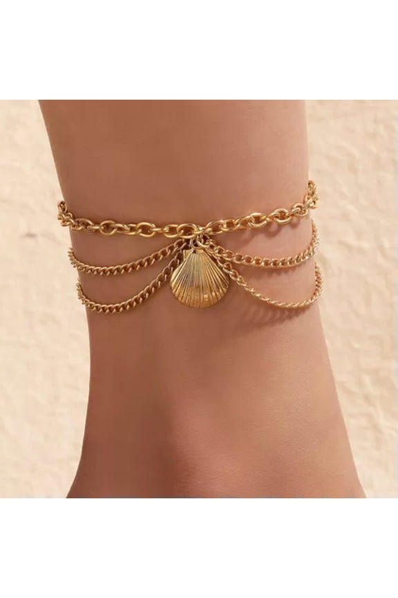 2024 Summer Multilayer Boho Shell Starfish Bead Beach Anklet Bracelet Foot Chain-Shell