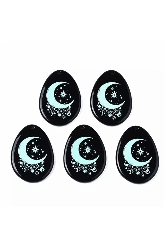 20pcs Acrylic Pendants Black Teardrop Dangle Charms Moon Pattern 29x21mm