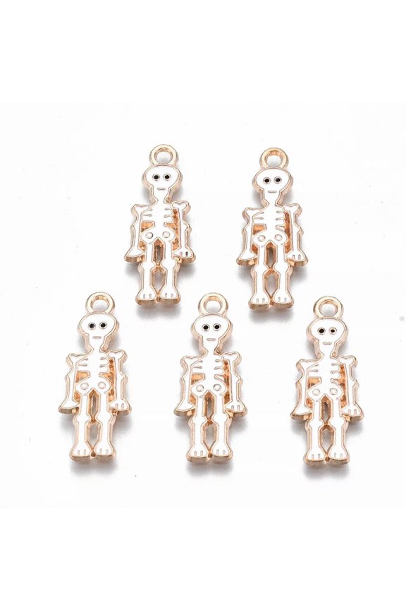 20pcs Skeleton Skull Charms Halloween Pendants Alloy Enamel Light Gold Tone 26mm