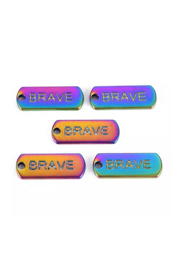 20pcs Word Charms Engraved Inspirational Alloy Pendants 21x8mm Rainbow Color-Brave