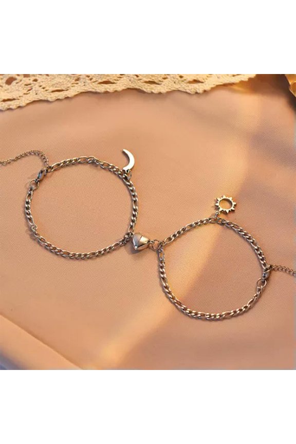 2PCS Stainless Steel Non-fading Hip-hop Hand Chain Love Magnet Sun Moon Bracelet-A1
