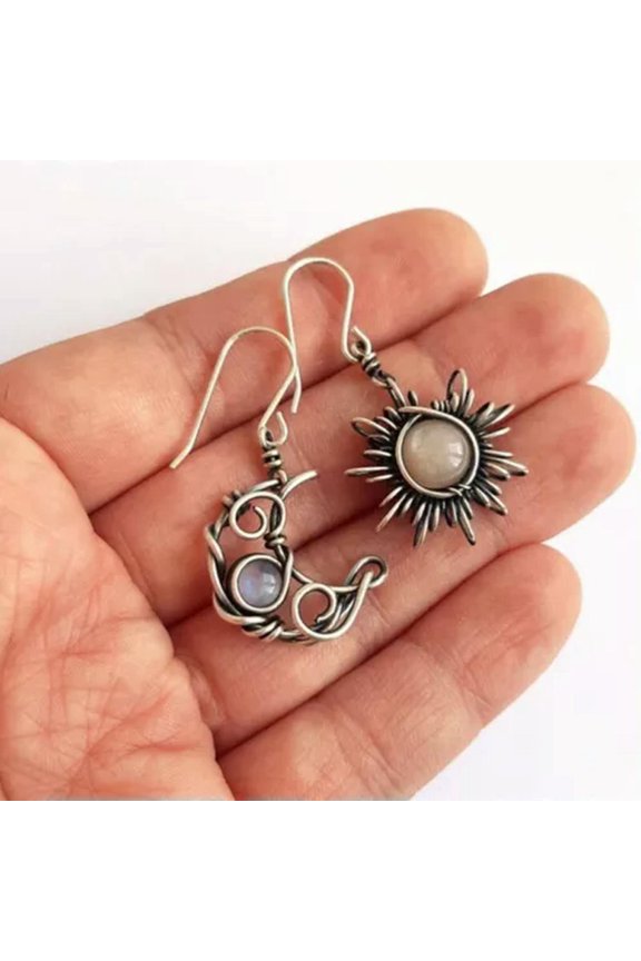 2Pcs Bohemian Sun And Moon Imitate Moonstone Dangle Drop Hook Earrings-1#