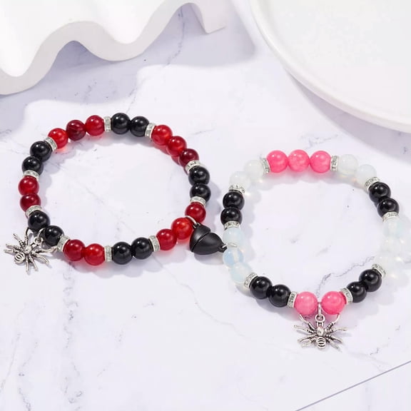 GKNET 2Pcs Halloween Magnetic Spider Heart Attract Beaded Bracelet Couples Bracelet