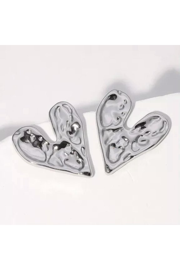 2Pcs Metallic Design Surface Uneven Earrings Heart Ear Studs Creative Earrings-Silver
